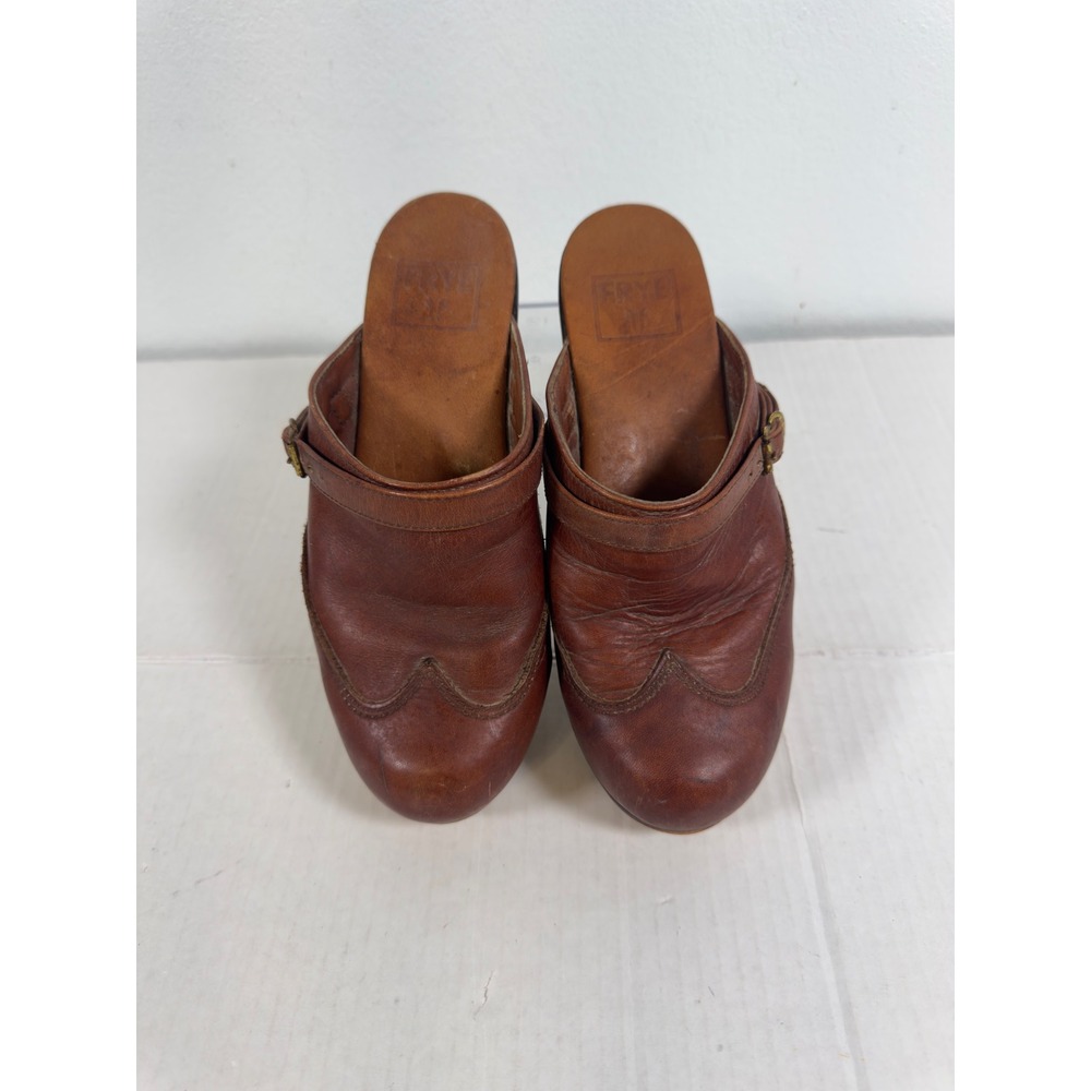 Frye Leather Wooden Platform Clogs Women 6 B Cognac Brown Wingtip Mules Retro - Picture 3 of 9